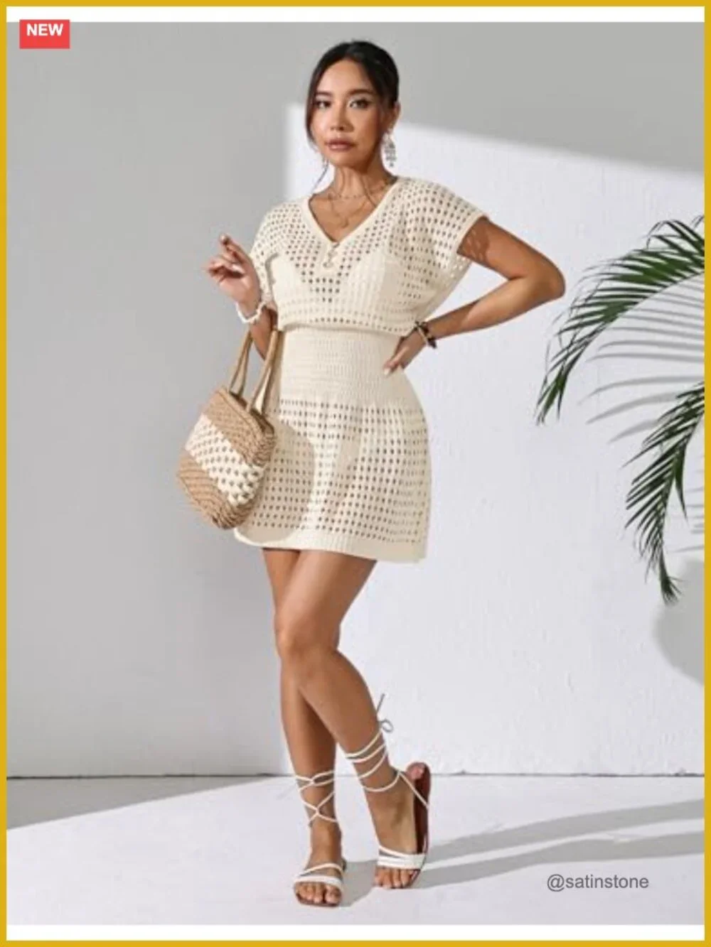 Women Crochet Mesh Beach Cover Up Mini Dress V Neck Cap Sleeve